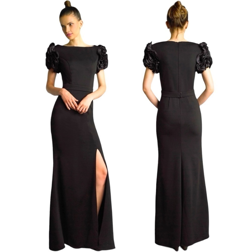 Basix Black Label Floral Sleeve Long Dress Evening Gown Size 2 Classic Black